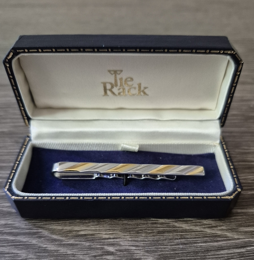 Tie Rack Tie Clip Silver + Gold Metal In Navy Leather Box Vintage